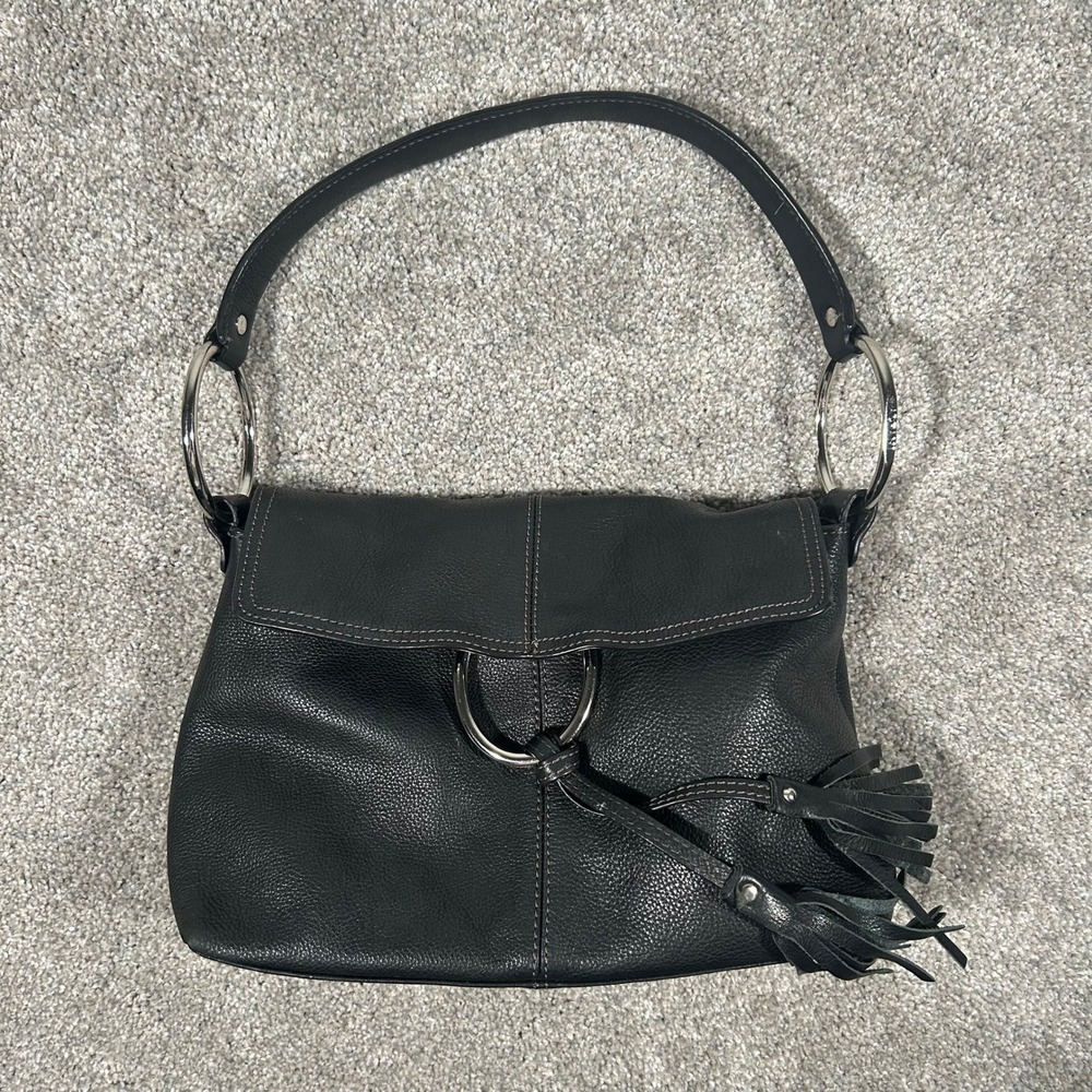 Alfani Black Pebbled Leather Shoulder Bag Ring Hardware Tassel Hobo Purse
